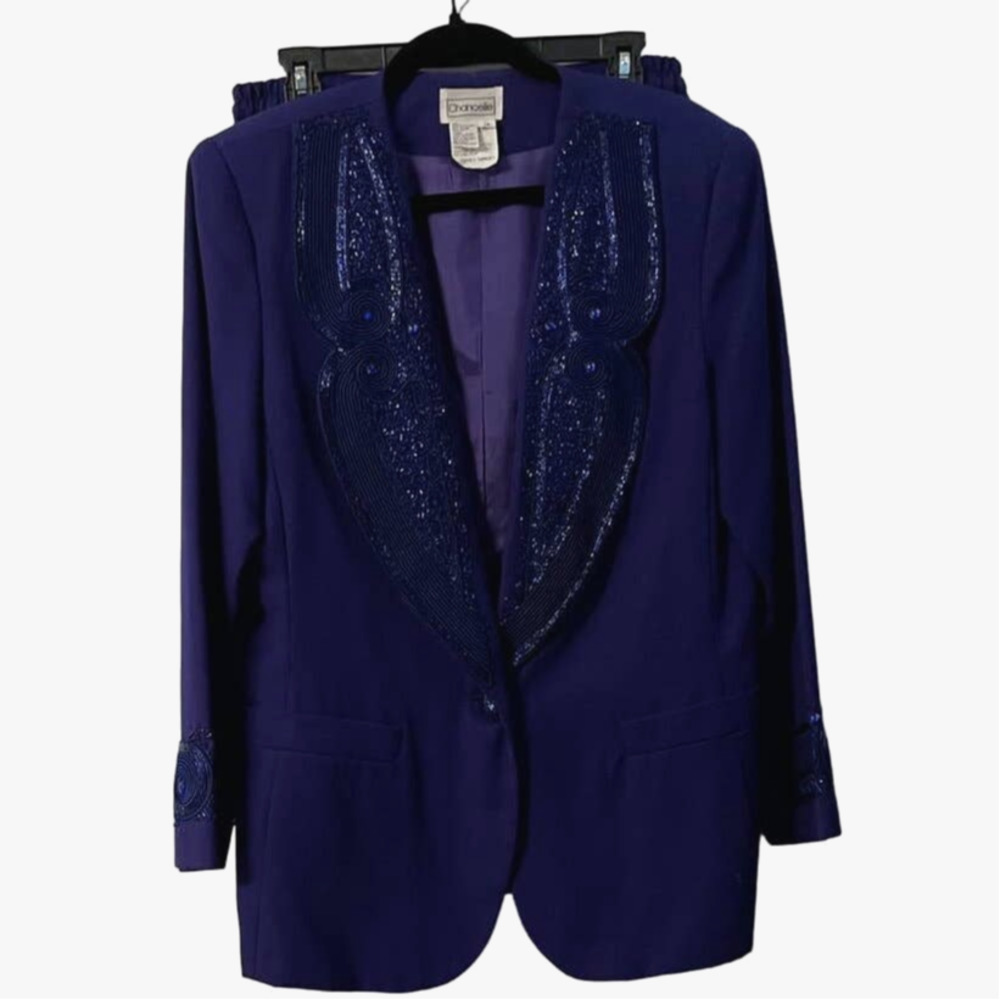 Chancelle 2 Piece Blue Skirt Suit with Beaded Embellishment Size 14 - Picture 15 of 15